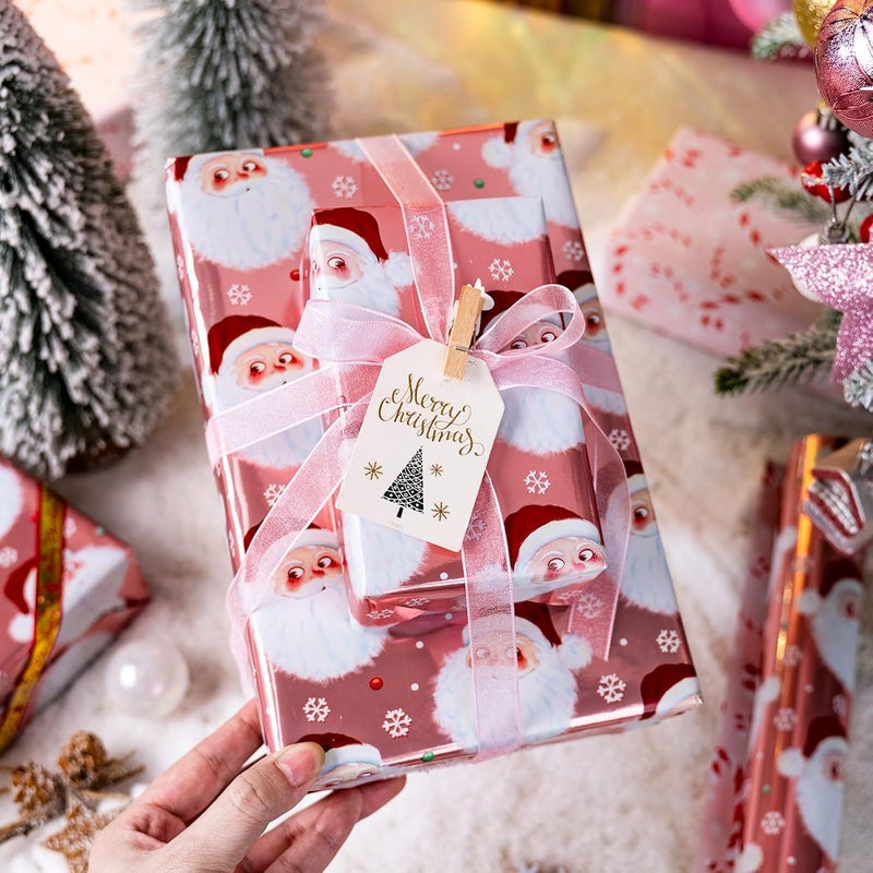 Retrify Funny Santa Claus Christmas Wrapping Paper - 17 Inch x 32.8 Feet Mini Roll - Snowflake Candy Cane Foil Pink Gift Wrap Paper for Holiday Shower Party Celebration - Image 3
